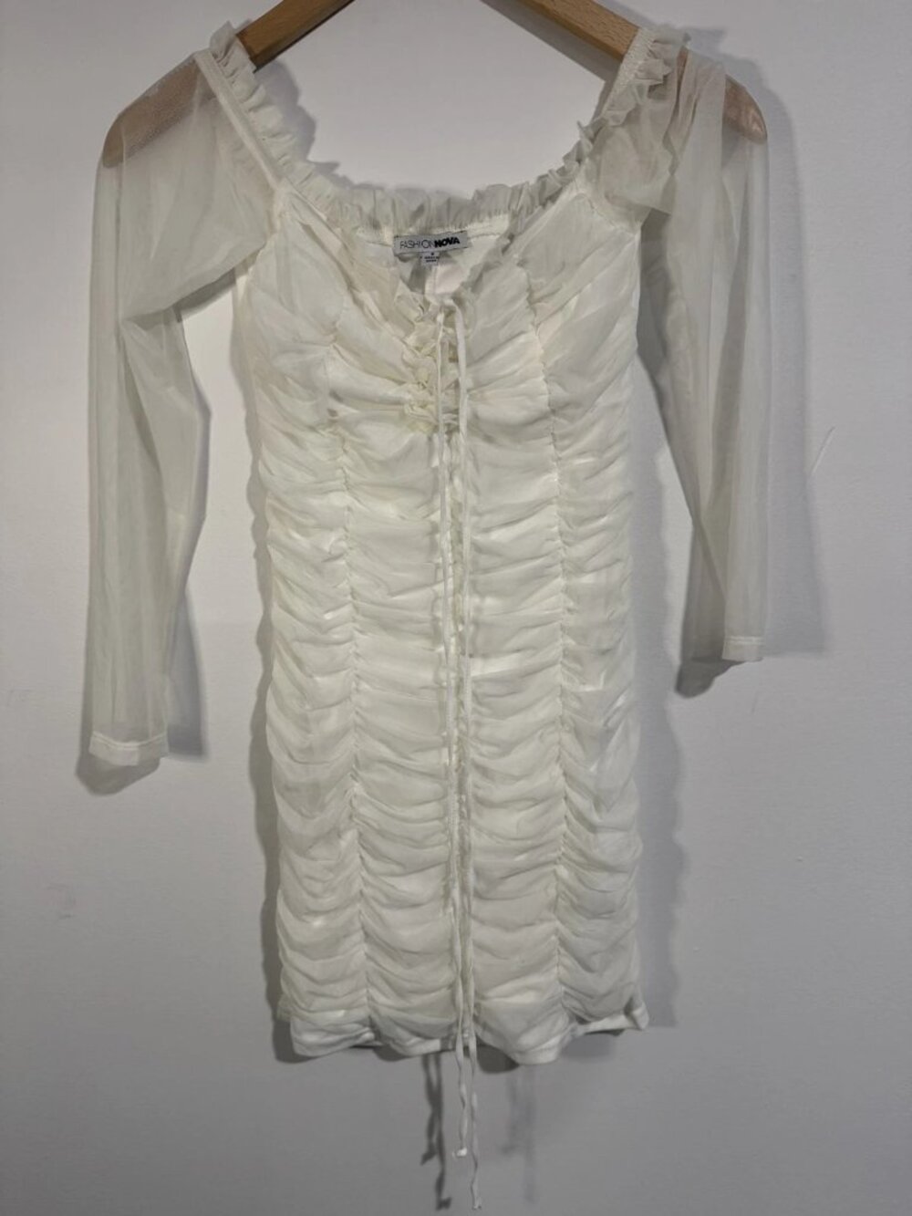Fashion Nova Women's Cream Ruched Mesh Mini Dress Sz S